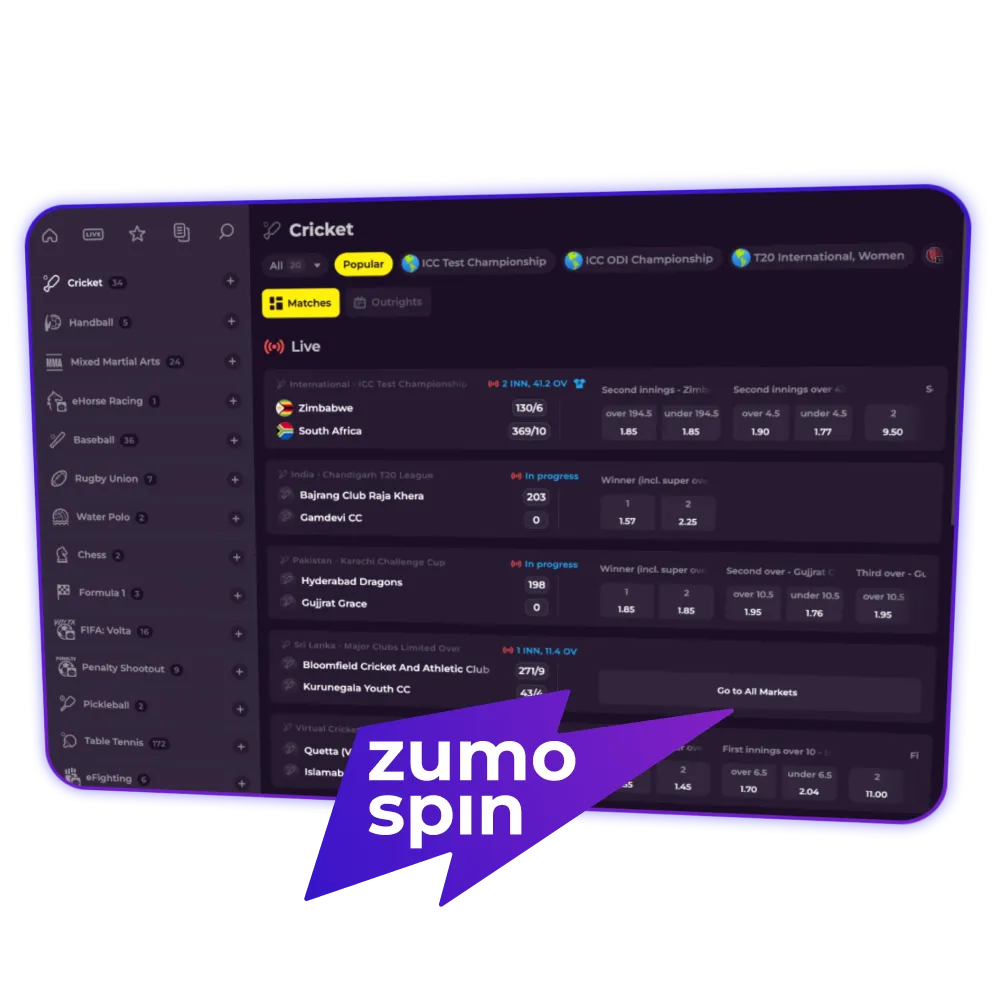 Bet on cricket matches at ZumoSpin.