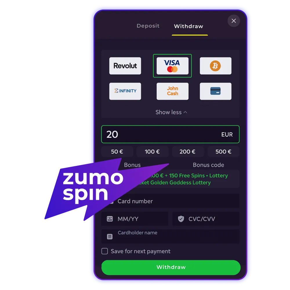 Withdraw your ZumoSpin winnings easily.