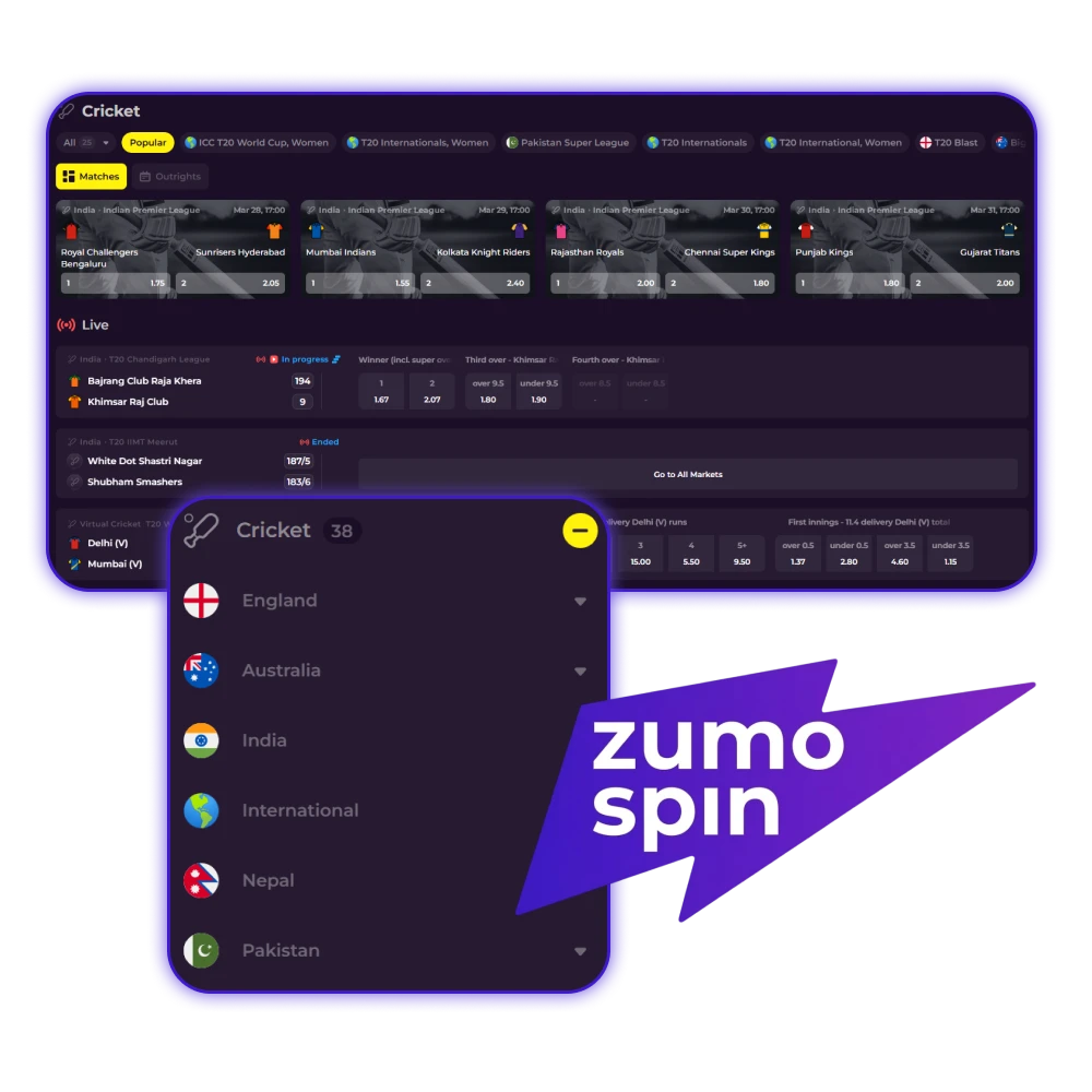 Zet in op cricket bij ZumoSpin en pak mooie winsten op elke match.
