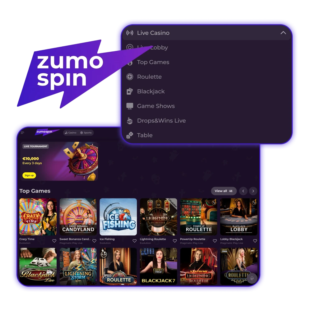 Win live aan de tafels van het ZumoSpin casino met echte dealers.