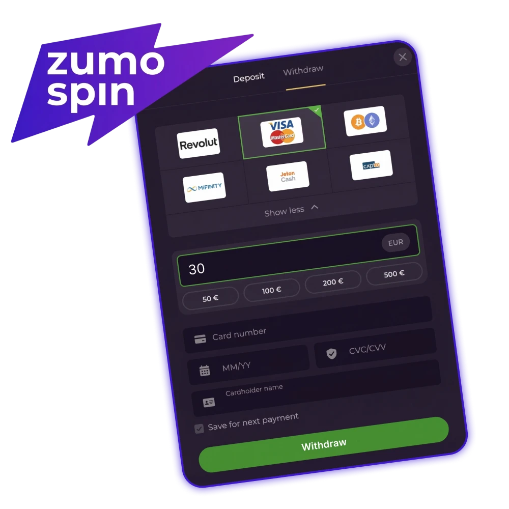 Betaal je behaalde winsten bij ZumoSpin veilig en snel uit.