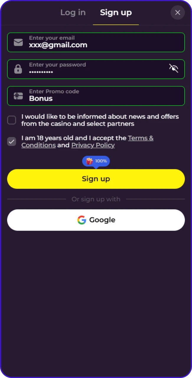 Bevestig je leeftijd en de voorwaarden voor je ZumoSpin registratie.