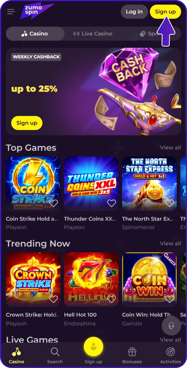 Bezoek de officiële website van ZumoSpin om je registratie te starten.