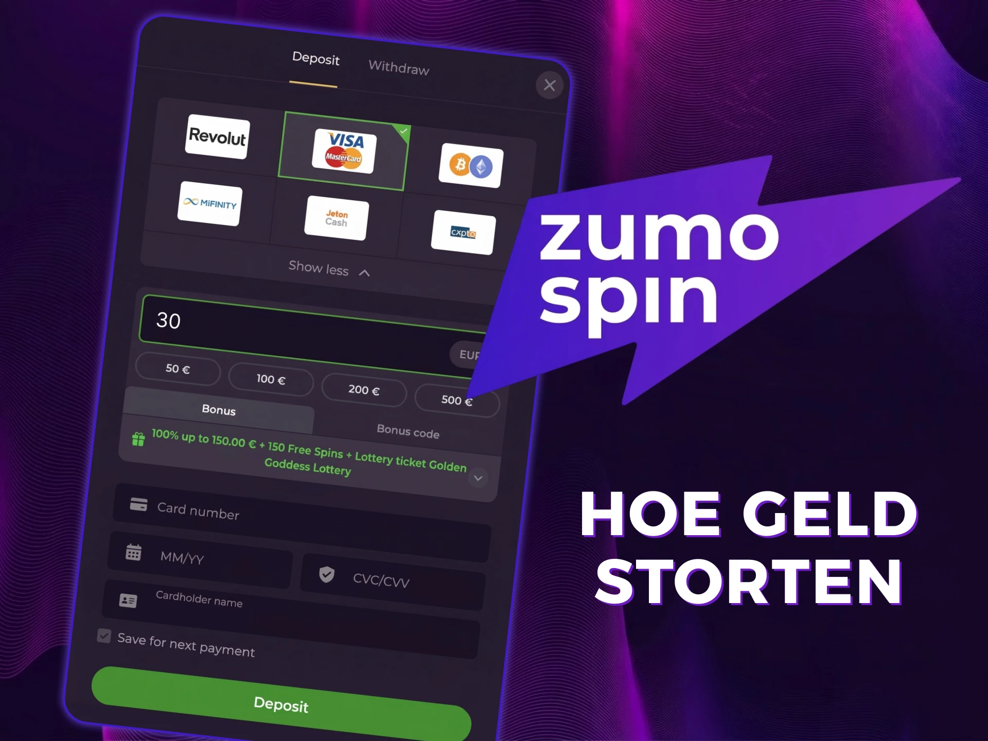 Leer hoe je eenvoudig geld kunt storten bij ZumoSpin.