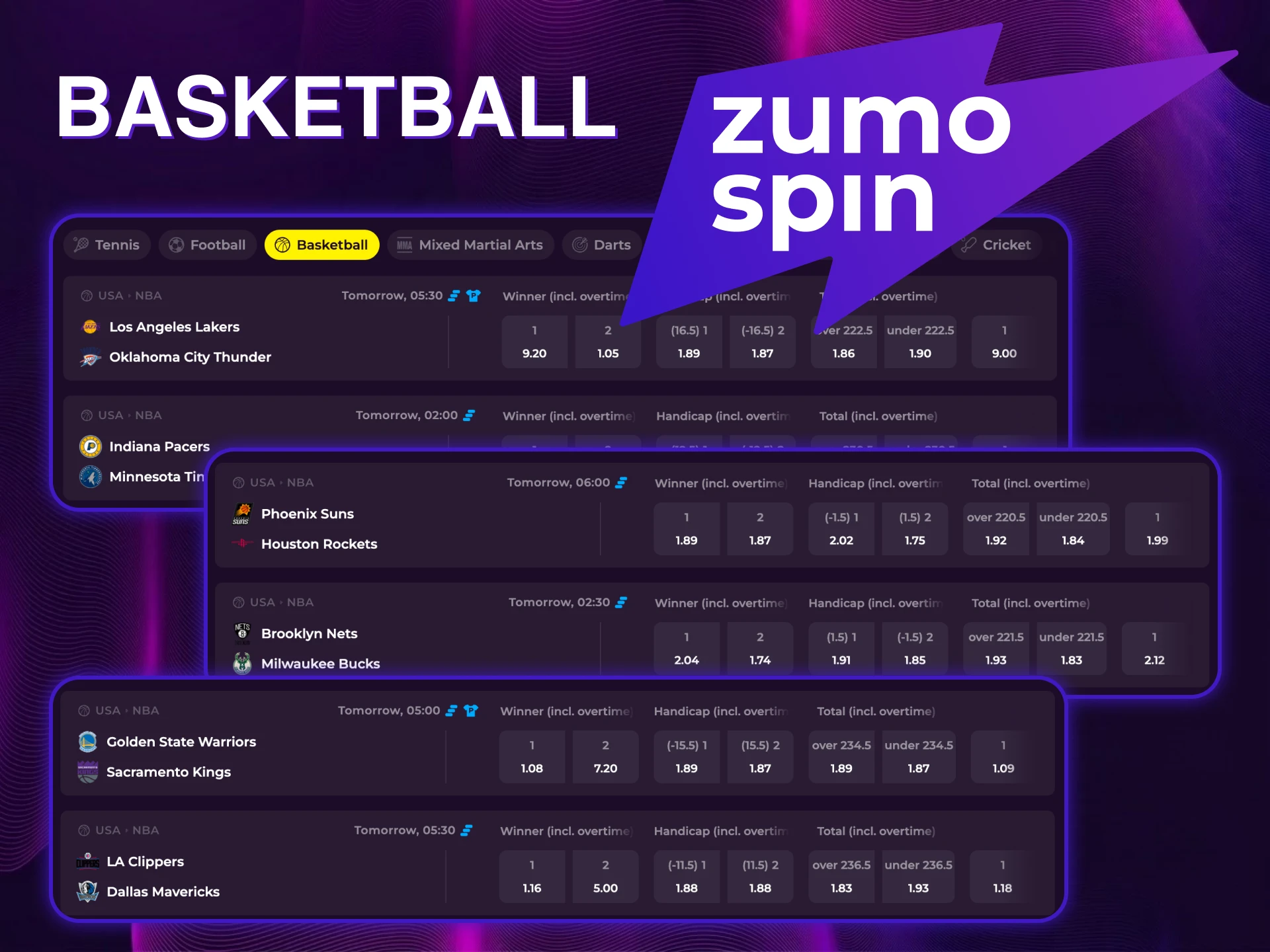 Find competitive basketball betting markets for top leagues at ZumoSpin.