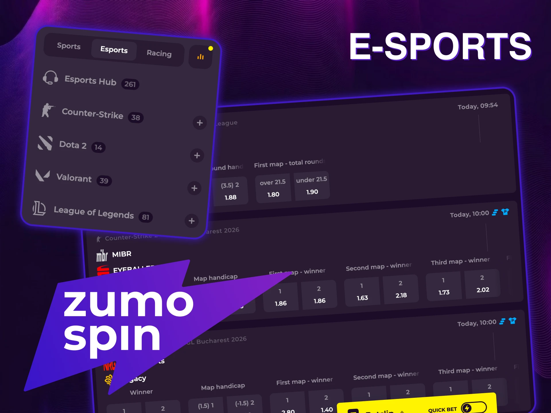 Bet on e-Sports markets at ZumoSpin and follow the professional scene.