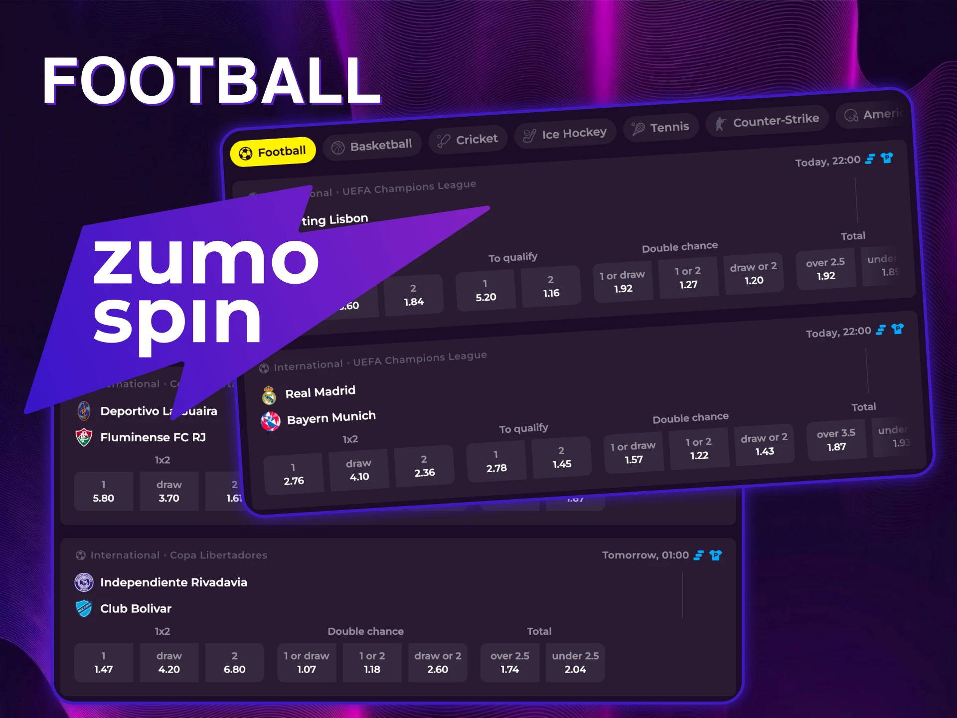 Choose football betting markets at ZumoSpin and support your favorite teams.