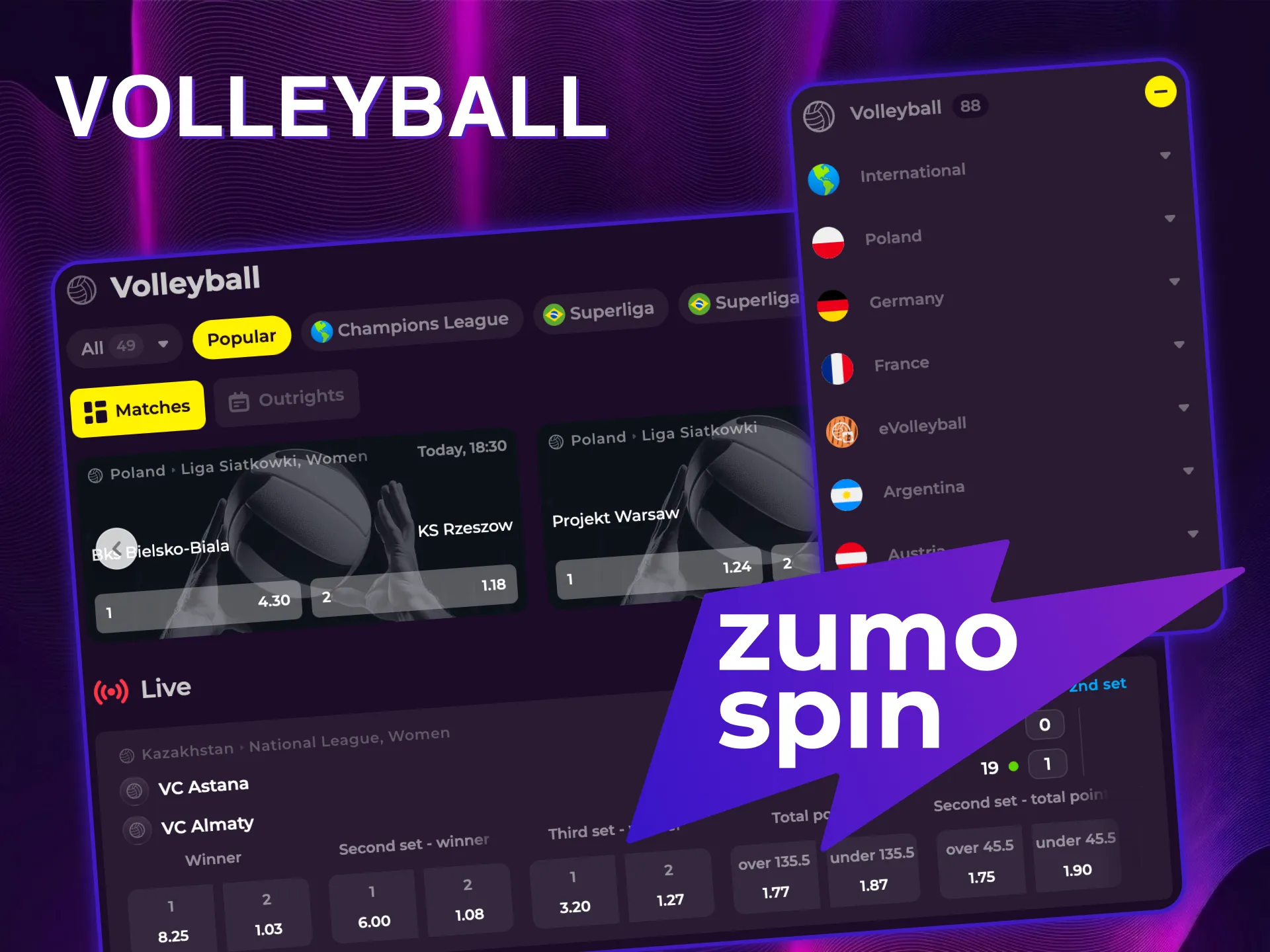 Explore volleyball betting markets at ZumoSpin and make your successful prediction.